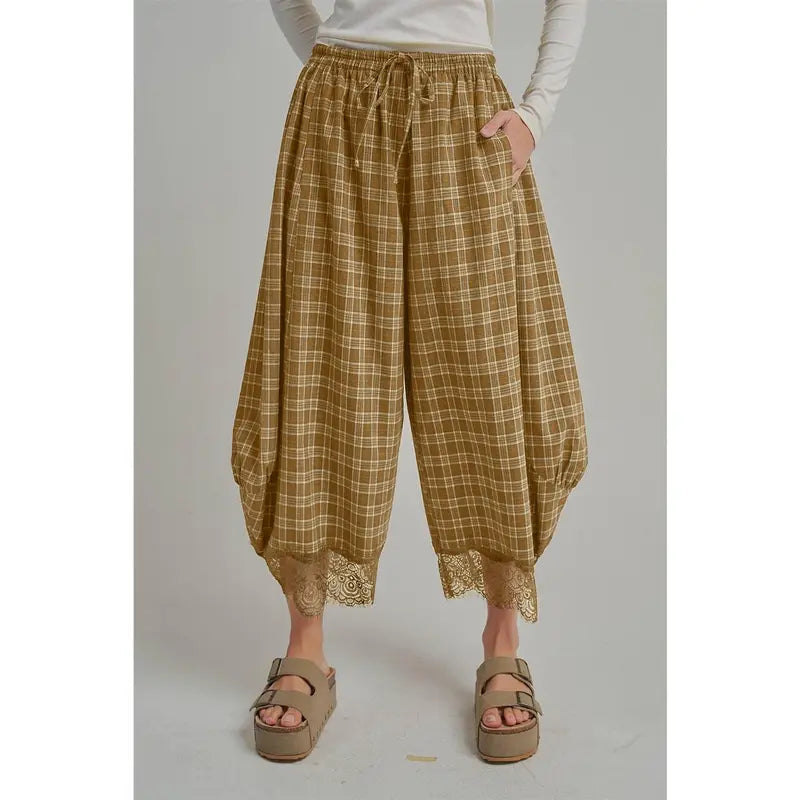 Women's Elastic Waist Drawstring Loose Casual Plaid Lace Trim Harem Pants