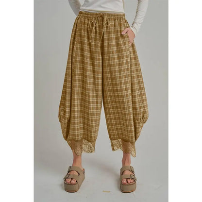Women's Elastic Waist Drawstring Loose Casual Plaid Lace Trim Harem Pants