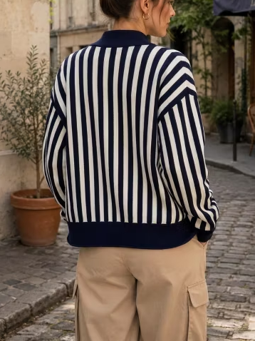 Women Striped Scalloped Trim Open Front Knit Cardigan