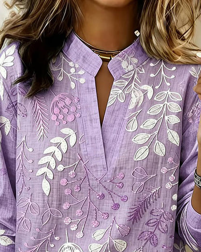 Vintage Botanical Leaf Print Notch Collar Long Sleeve Blouse