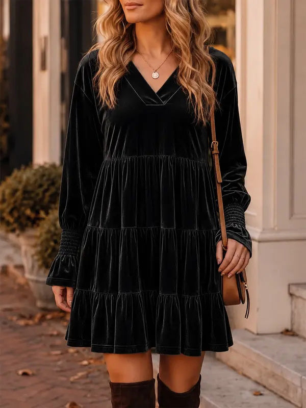 Women's V-neck elegant velvet loose babydoll dress