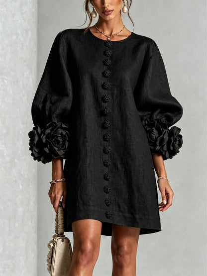 Women's Elegant Floral Cuff Puff Sleeve Linen Mini Dress