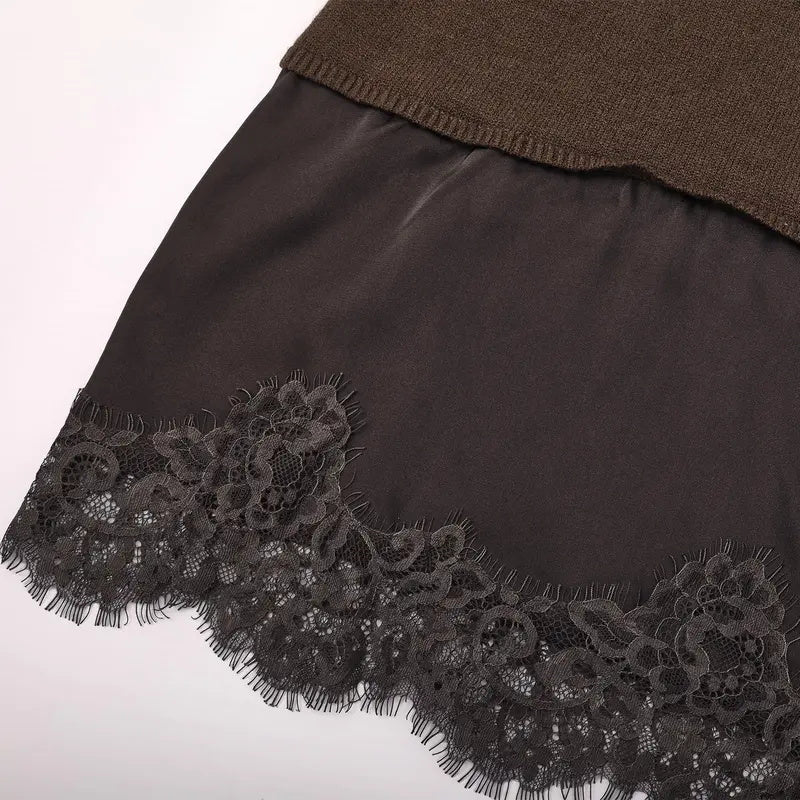 Women's one-shoulder lace-trimmed long-sleeved knit top