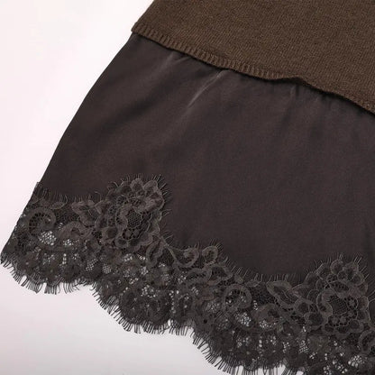 Women's one-shoulder lace-trimmed long-sleeved knit top