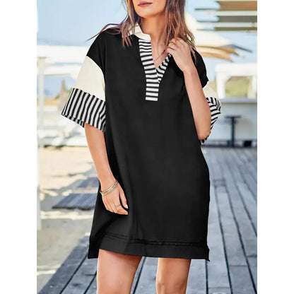 Women's Polo V Neck T Shirt Dress Casual Summer Oversized Color Block Short Sleeve Sweatshirt Mini Dresses