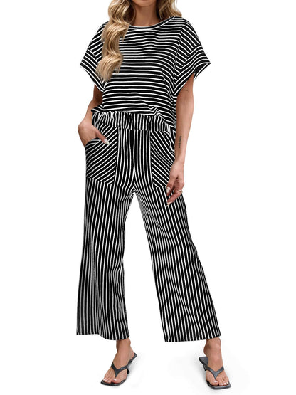 Striped Short Sleeve T-Shirts Wide Leg Pants Two Piece Set (Buy 2 Free Shipping)