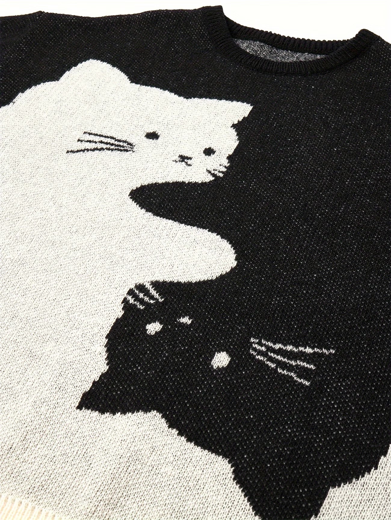 Cartoon Cat Round Neck Long Sleeve Sweater Preppy Style