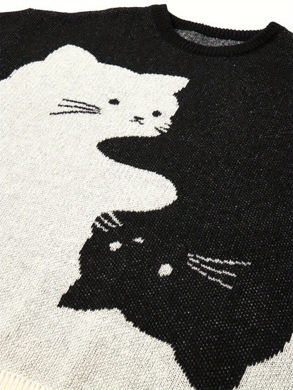 Cartoon Cat Round Neck Long Sleeve Sweater Preppy Style