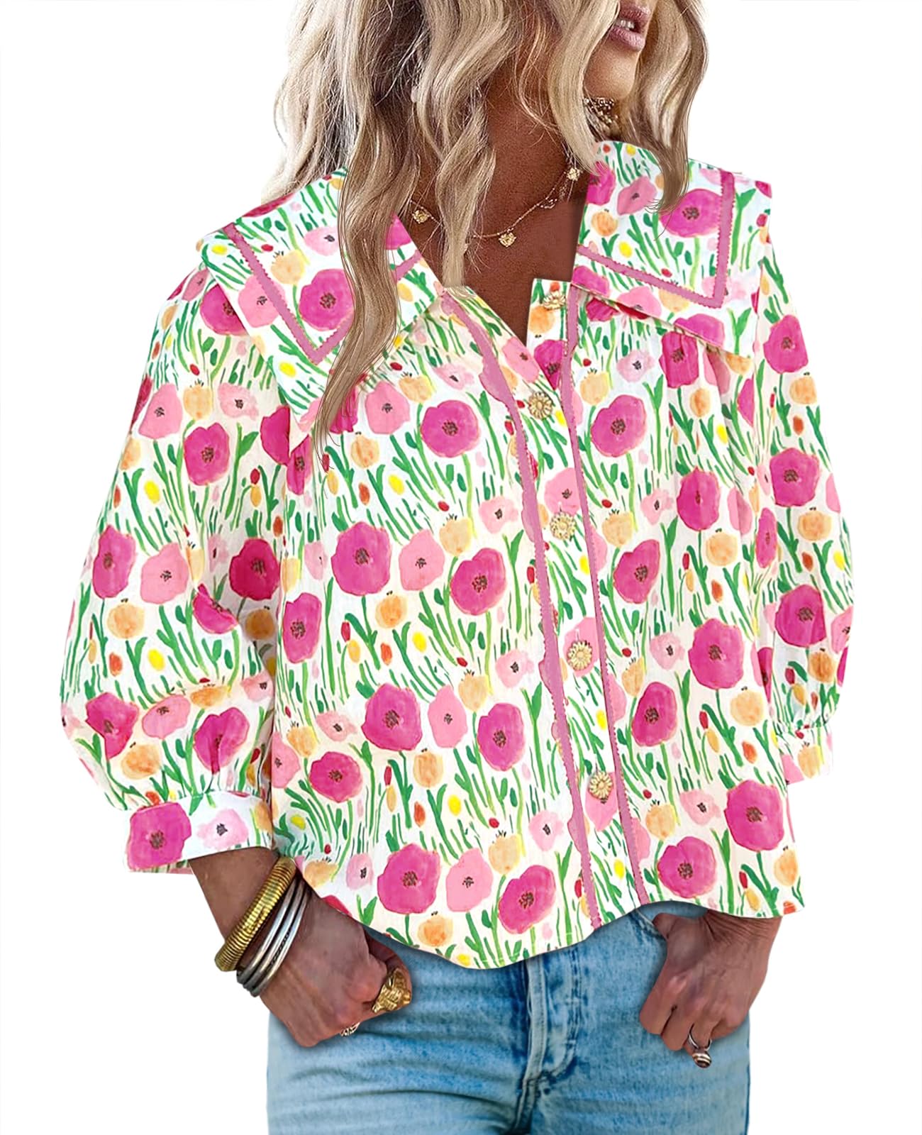 HOT SALE Women's Floral Collared 3/4 Lantern Sleeve Button Down Shirt