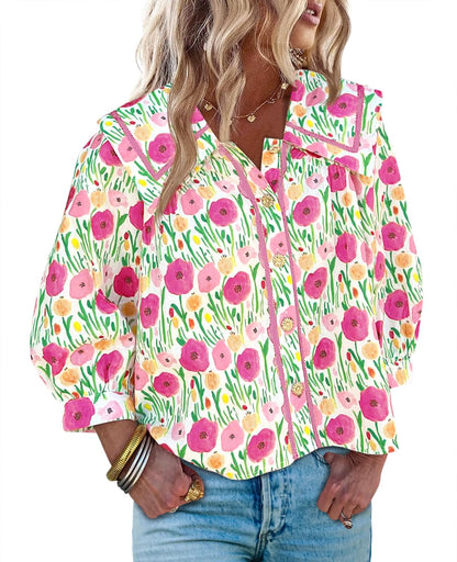 HOT SALE Women's Floral Collared 3/4 Lantern Sleeve Button Down Shirt