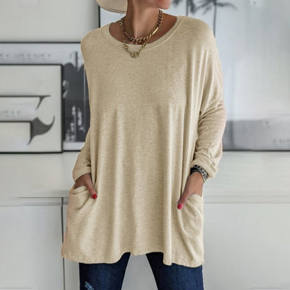 HOT SALE-Round Neck Long Sleeve Loose Pocket Solid T-Shirt