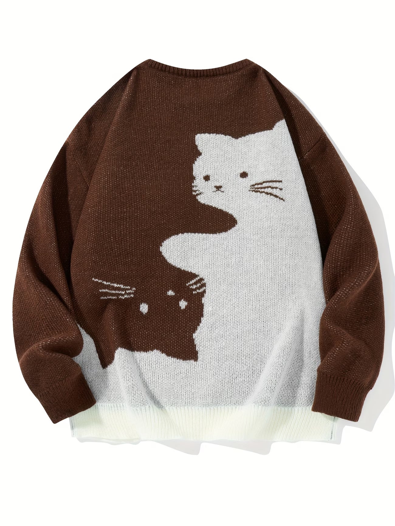 Cartoon Cat Round Neck Long Sleeve Sweater Preppy Style