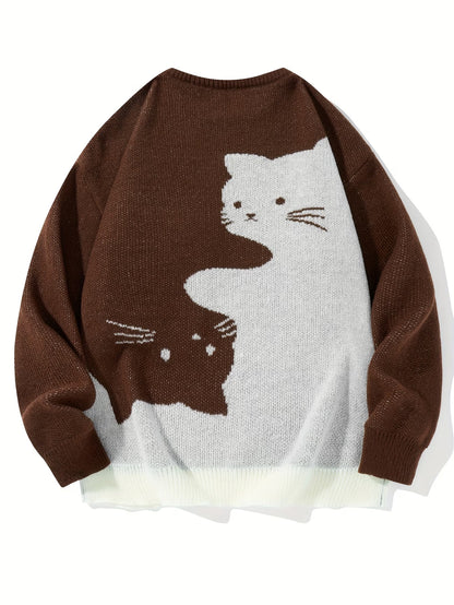 Cartoon Cat Round Neck Long Sleeve Sweater Preppy Style