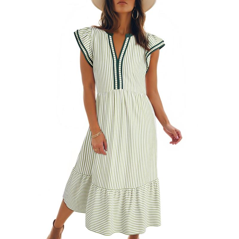 🔥🔥Womens Dresses V-Neck Ruffle Cap Sleeve Empire Waist Flowy Striped Beach Midi Maxi Dress(buy 2 free shipping)