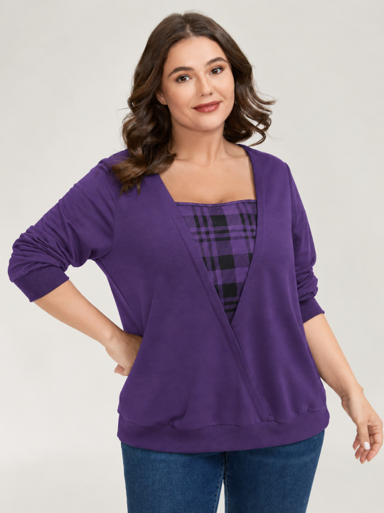 Plaid Spliced Fake Two Piece Square Neck Long Sleeve Top