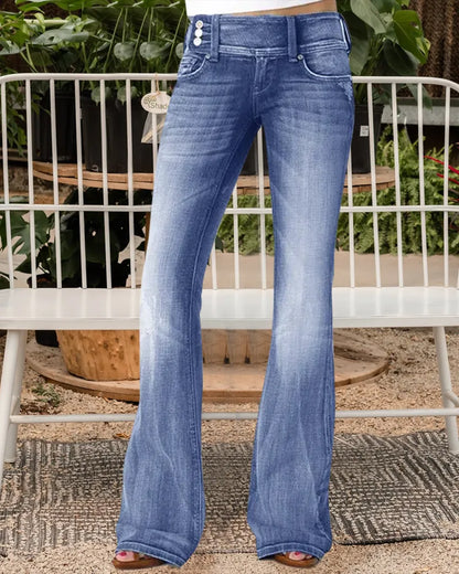 VINTAGE BUTTON SIDE DESIGN MID WAIST STRETCH FLARE JEANS(Buy 2 Free Shipping)