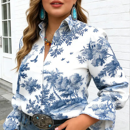 Women's Vintage-Print Flared-Sleeve Shirt