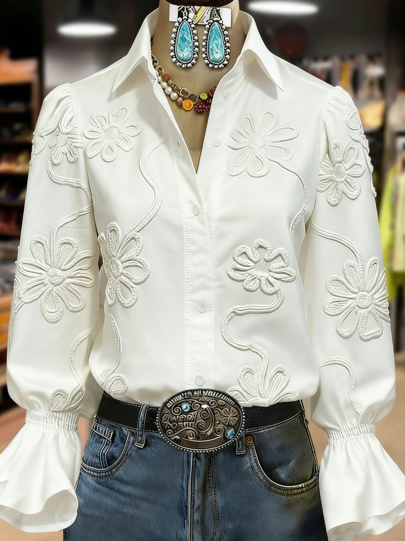 Elegant Textured Flower Bell Sleeve Button Up Blouse(BUY 2 FREE SHIPPING)