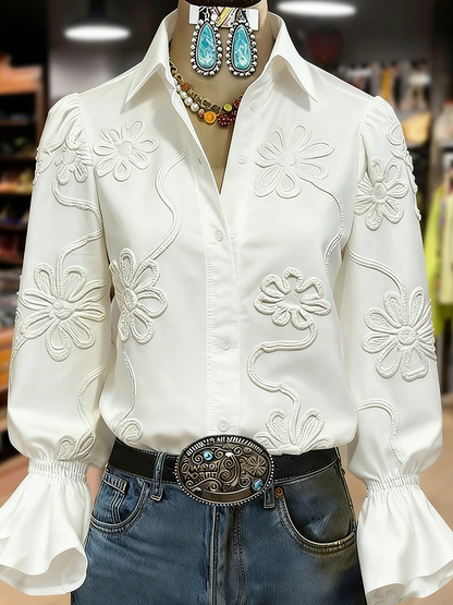 Elegant Textured Flower Bell Sleeve Button Up Blouse(BUY 2 FREE SHIPPING)