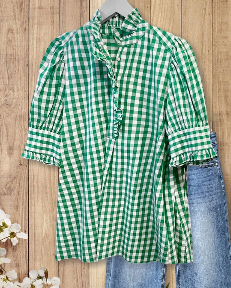 ✨Grid Smart Ruffles Trim Puff Sleeve Blouse(BUY 2 FREE SHIPPING)