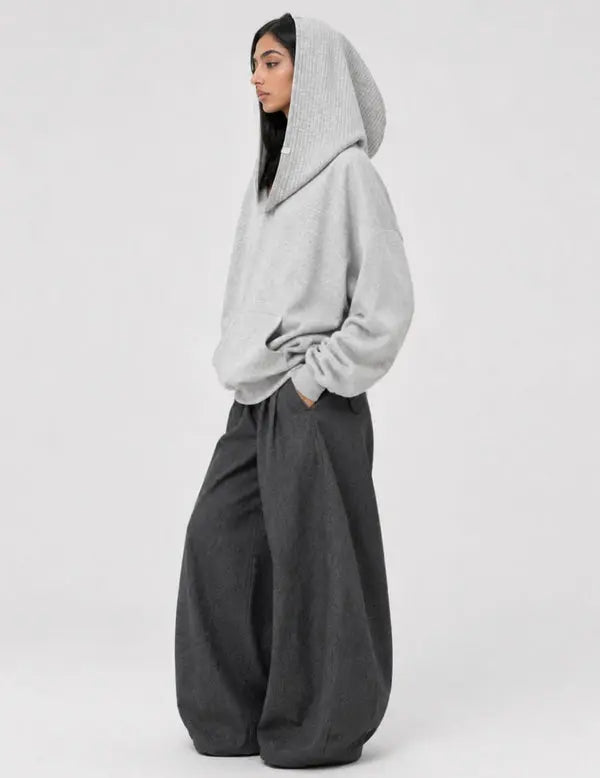 Dual Style Knit Hoodie, Convertible Off Shoulder / Hooded Balloon Sleeve Top
