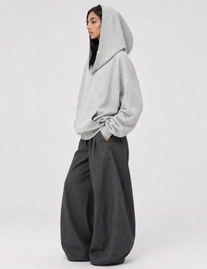 Dual Style Knit Hoodie, Convertible Off Shoulder / Hooded Balloon Sleeve Top