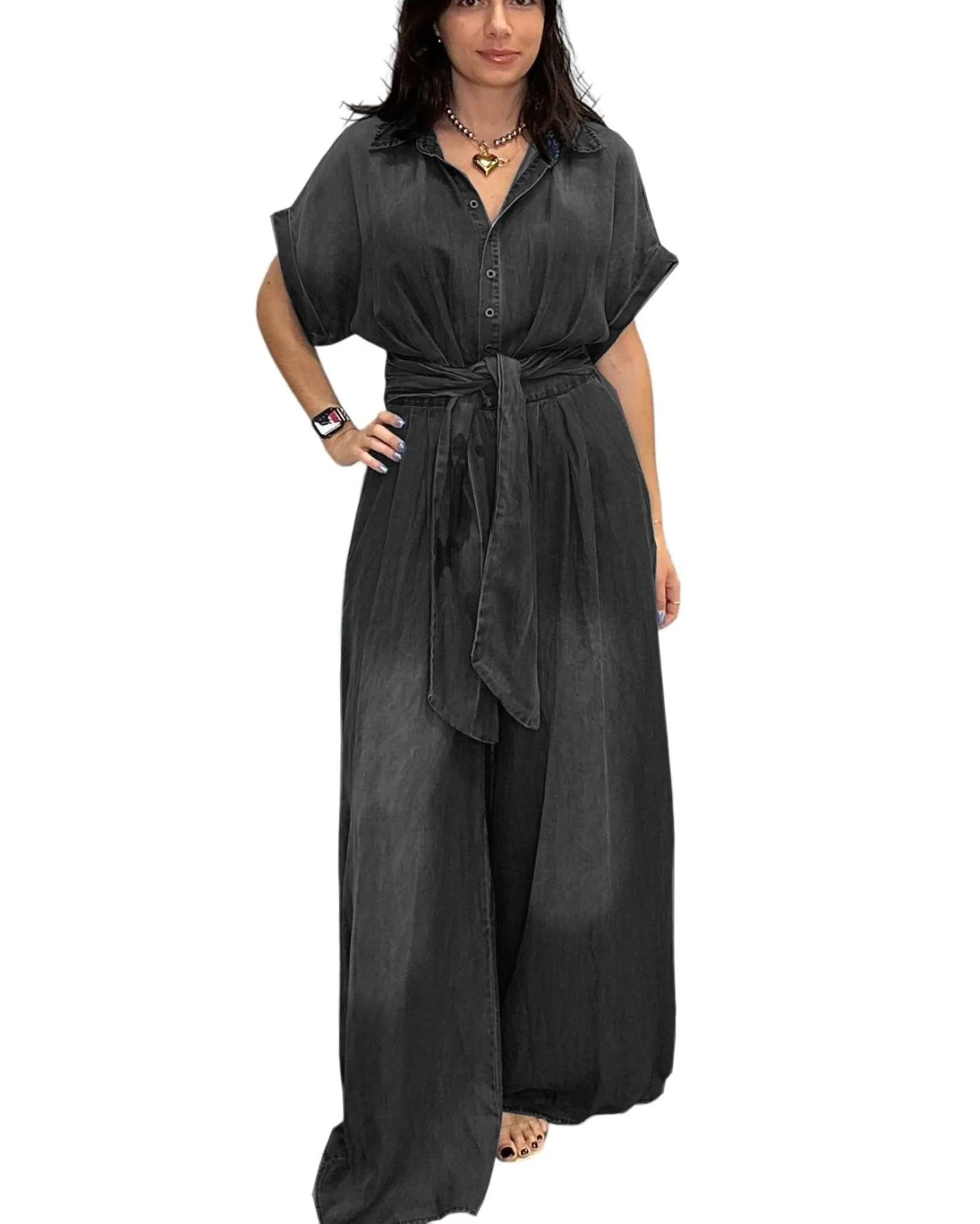 Casual Bat Sleeve Tie-Waist Tencel Denim Wide-Leg Jumpsuit