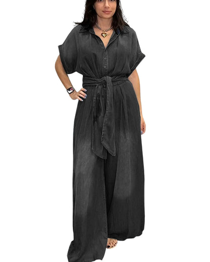 Casual Bat Sleeve Tie-Waist Tencel Denim Wide-Leg Jumpsuit