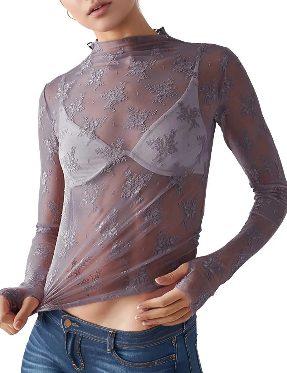 Women Long Sleeve Tops Sheer Lace Basic Shirt Casual Pullover for Fall Club Streetwear Aesthetic Clothes(Buy 3 Free Shipping)