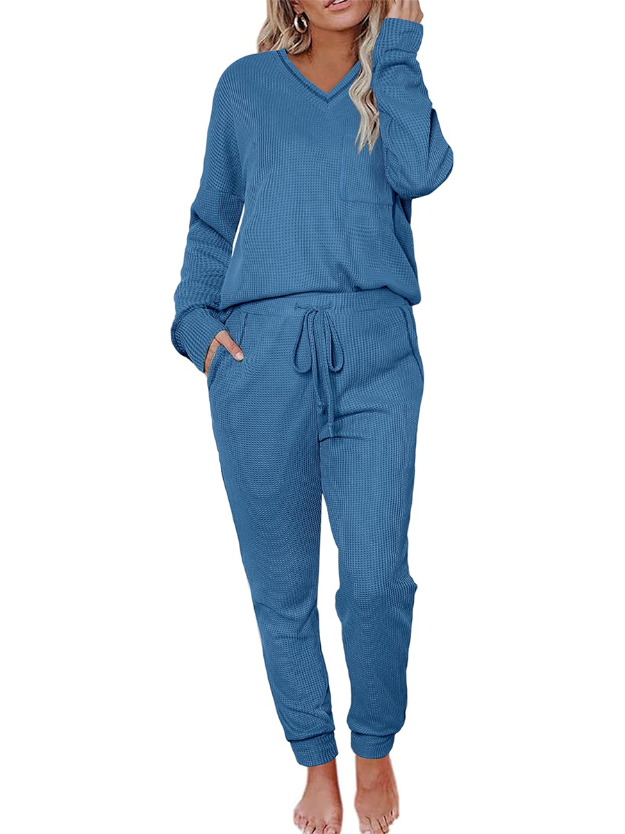 Women's V Neck Waffle Knit Two Piece Lounge Sets (Buy 2 Free Shipping)