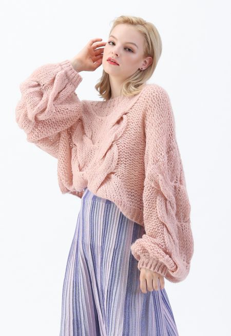 Women's Hand-Knit Puff Sleeves Cropped Sweater