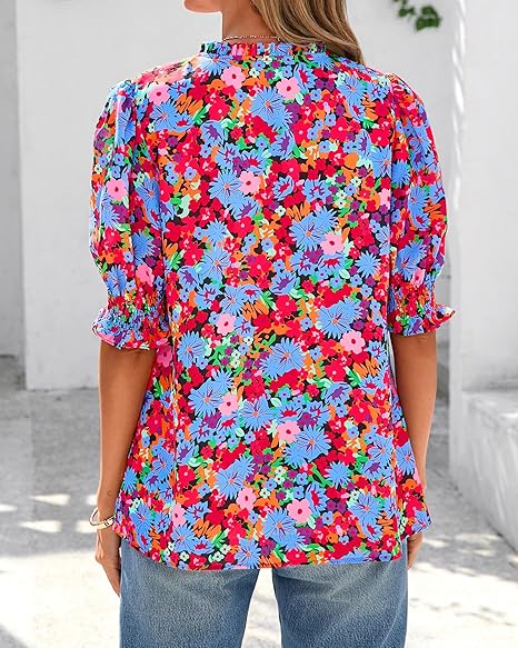 2026 New Floral Bohemian Style V-neck Puff Sleeve Short-sleeved Top(BUY 2 FREE SHIPPING)