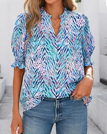 2026 New Floral Bohemian Style V-neck Puff Sleeve Short-sleeved Top(BUY 2 FREE SHIPPING)