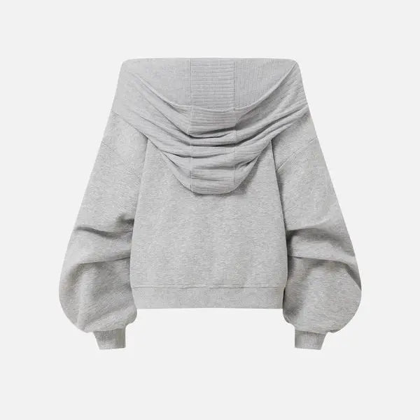 Dual Style Knit Hoodie, Convertible Off Shoulder / Hooded Balloon Sleeve Top