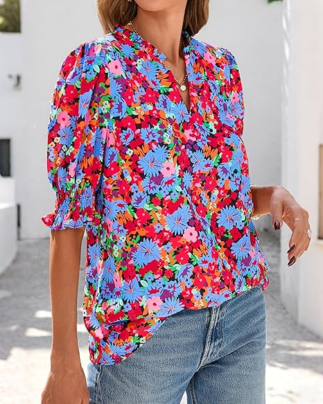 2026 New Floral Bohemian Style V-neck Puff Sleeve Short-sleeved Top(BUY 2 FREE SHIPPING)