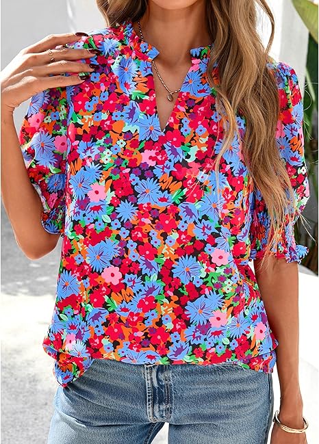 2026 New Floral Bohemian Style V-neck Puff Sleeve Short-sleeved Top(BUY 2 FREE SHIPPING)
