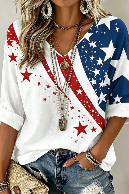 Women's  Flag Art Three-quarter Sleeve V Neck Linen Tops