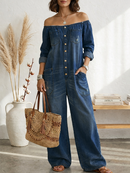 Women's Fashionable Sexy Single-Breasted Off-Shoulder Washed Faux Denim Jumpsuit