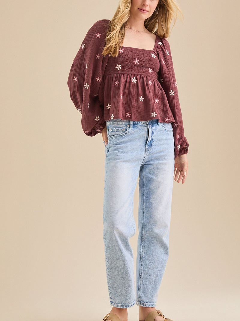 Lantern sleeve embroidered loose top(BUY 2 FREE SHIPPING)