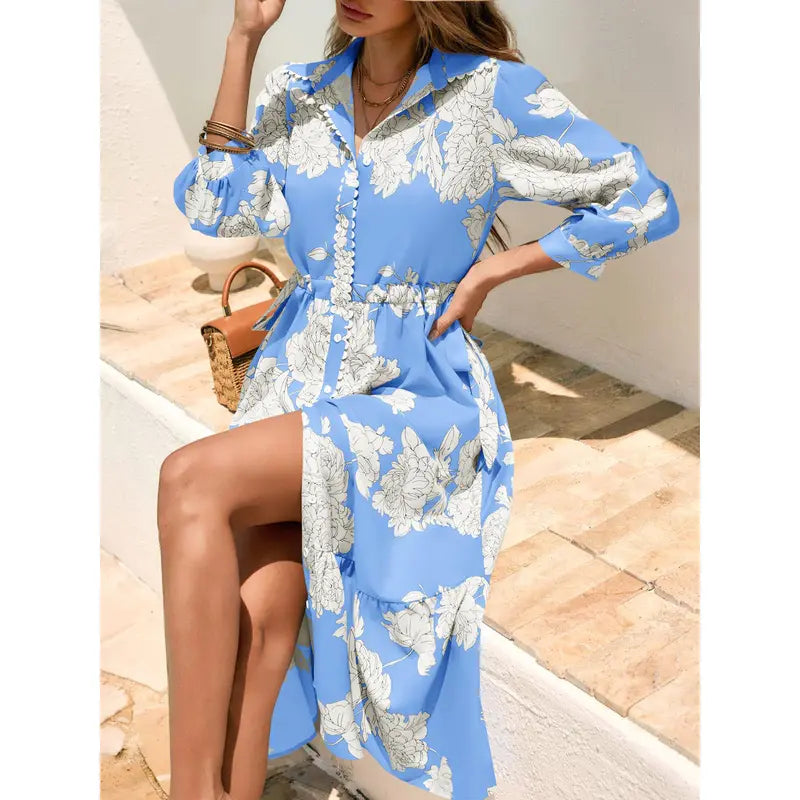 Women’s Maxi Shirt Dress Casual Floral Collared 3/4 Long Sleeve Drawstring Waist Fall Button Down Dresses