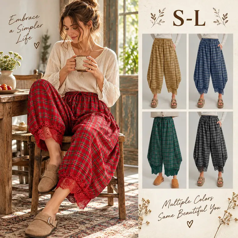 Women's Elastic Waist Drawstring Loose Casual Plaid Lace Trim Harem Pants
