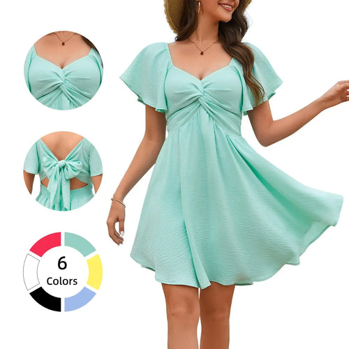 Women's Summer V-neck Tie-up Ruffle Sleeve Mini Chiffon Dress