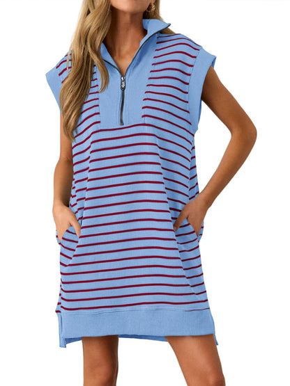 🔥Hot Sale 49% Off-Women's Striped Casual Zipper Cap Sleeve Mini Dress