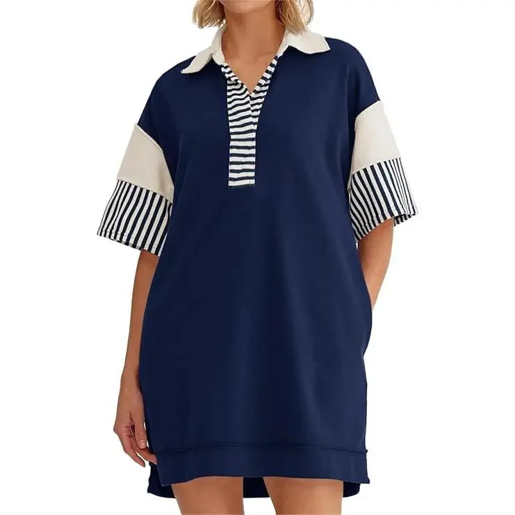 Women's Polo V Neck T Shirt Dress Casual Summer Oversized Color Block Short Sleeve Sweatshirt Mini Dresses