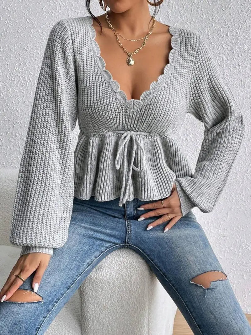 Women's Deep V-Neck Drawstring Tie Front Knit Crop Top, Scallop Trim Bishop Long Sleeve Peplum Sweater