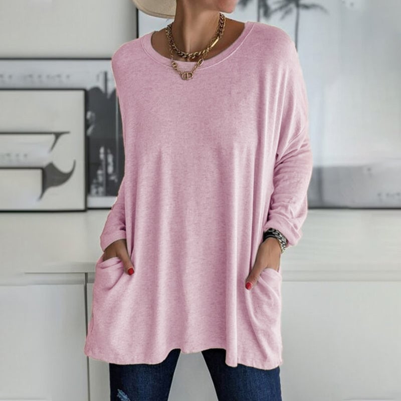 HOT SALE-Round Neck Long Sleeve Loose Pocket Solid T-Shirt
