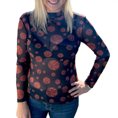 Women's Fashion Black Sheer Mesh Long-Sleeved Printed Top