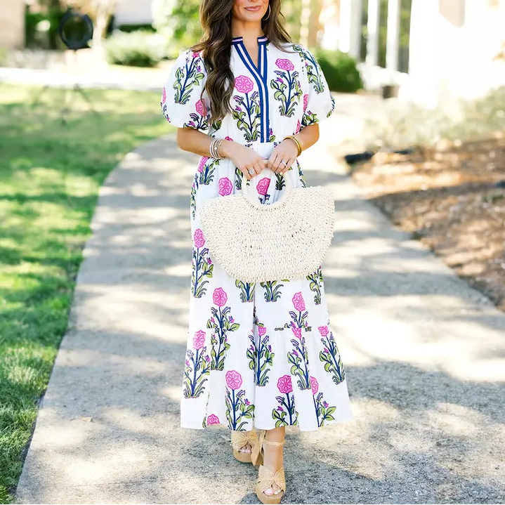 Womens Dresses Floral Puff Short Sleeve V Neck High Waist Maxi Dress with Pockets