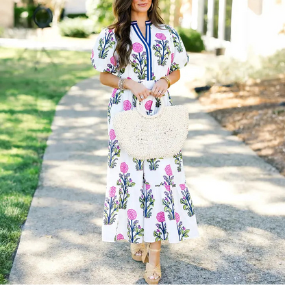 Womens Dresses Floral Puff Short Sleeve V Neck High Waist Maxi Dress with Pockets