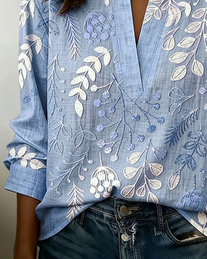 Vintage Botanical Leaf Print Notch Collar Long Sleeve Blouse